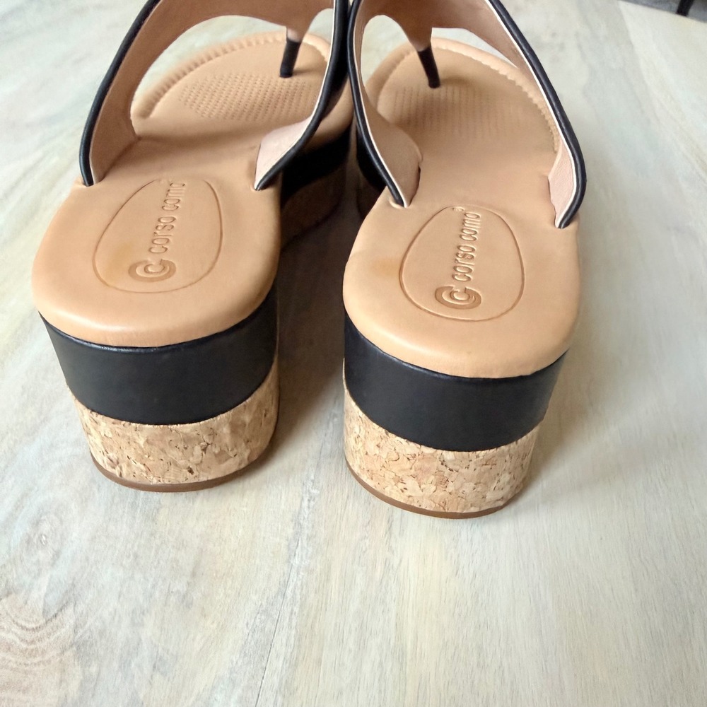 Black leather Wedge Sandals Womens 9 minimalist Cork Platform Thong summer chic - Picture 5 of 7